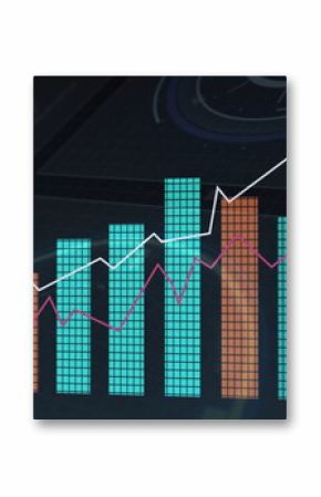 Displaying bar chart on dark grid with turquoise, amber bars, white, magenta trend lines UI circle