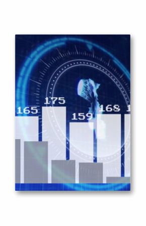 Displaying futuristic bar chart with head silhouette overlaying dark blue grid, with HUD interface