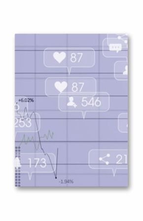 Dashboard interface showing line and bar chart trends, with percentage labels and social icons
