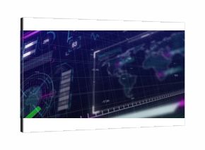 Animating UI panels projecting line charts and bar graphs in virtual dashboard, with neon markers