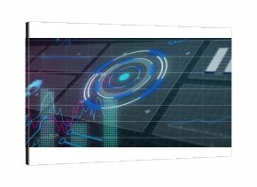 Displaying futuristic HUD with concentric rings, dot in dark grid space, bar charts and line graphs