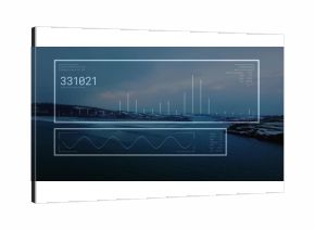 Displaying data panels over rocky coastline at dusk, showing numeric readout, bar graphs waveform