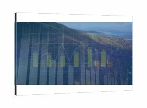 Displaying translucent graph overlay on coastal hillside, with bar charts line graph gridlines