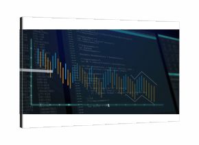 Displaying computer monitor showing code editor at desk, with bar chart, line graph and grid lines