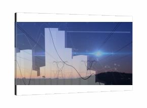 Overlaying translucent bar charts and line graphs with numeric markers onto towers at rural dusk
