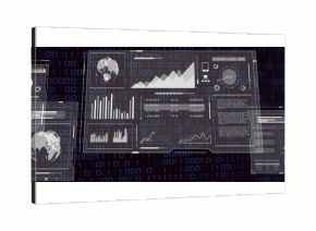 Translucent panels floating in console with bar and line charts, gauge, code on binary background