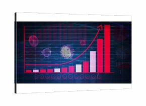 Displaying bar chart rising January through December on screen, tracing red arrow and virus icons
