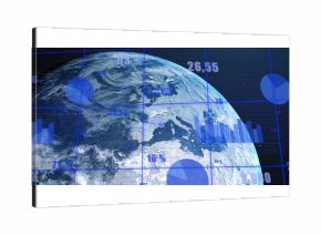 Showing Earth globe on data dashboard with blue gridlines, pie and bar charts and numeric overlays