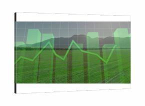 Overlaying translucent green bar chart and line graph over grassy field, with white grid lines