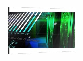 Emitting LED light, server racks lining data center, digital bar chart with JP Software, copy space