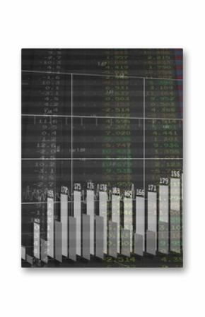 Displaying 3D bar chart rising on wireframe grid in virtual dashboard, with green red data columns