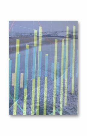 Overlaying neon yellow and teal bar charts, line graphs and grid over winter coastal landscape