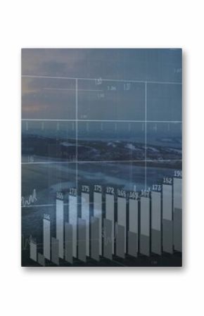 Displaying transparent financial chart overlaying sunset view, showing bar columns and line graph