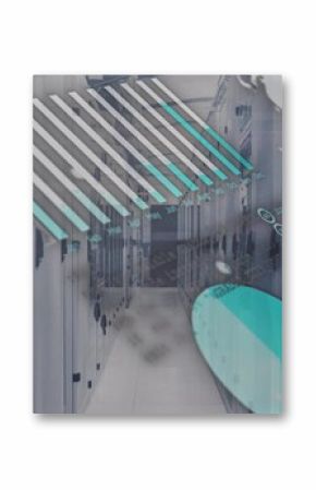 Lining server rack aisle in data center, showing overlays of network nodes, bar graphs, map, chart