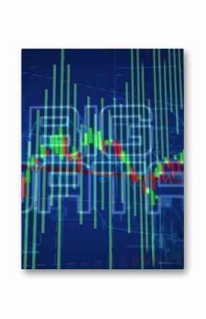 Showing financial chart on screen, with green bars, red pale graphs, navy grid, Chinese overlays
