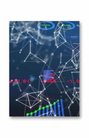Displaying network linking white nodes with glowing wireframe in interface with pie and bar charts