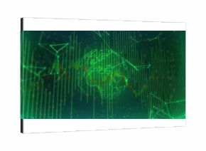 Rotating wireframe globe highlighting Africa and Europe on grid, with bar charts and network nodes