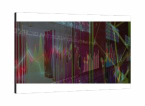 Displaying layered dashboard interface at trading app, with numeric tickers and colorful bar charts