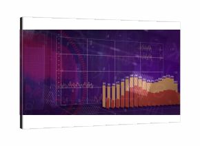 3D bar columns rising in financial dashboard, with wireframe grid and line plots, copy space