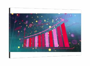 Showing upward trending bar chart on grid lines with curved arrow, particles, targets, virus shapes