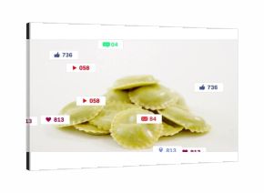 Displaying pile of green ravioli sitting on studio counter, with social media icon overlays