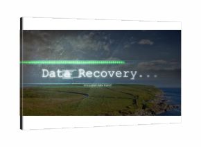 Digital overlay progressing at coastal headland, with Data Recovery bar and encrypted data transfer