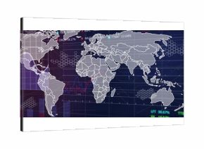 Showing world map outlines over dark dashboard with red-blue line and bar charts hexagon overlays