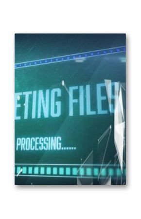 Displaying futuristic HUD in data hub, showing deleting files, glowing bar, floating particles