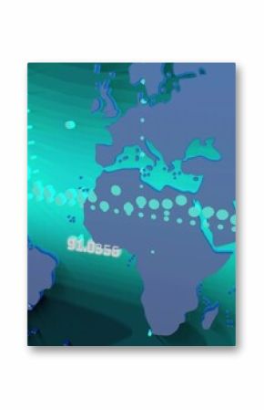Showing digital world map floating over gradient with data lines, bar nodes and numeric overlays