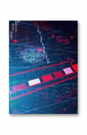 Displaying rising red and pink bar chart with arrow on digital grid, candlesticks, +25