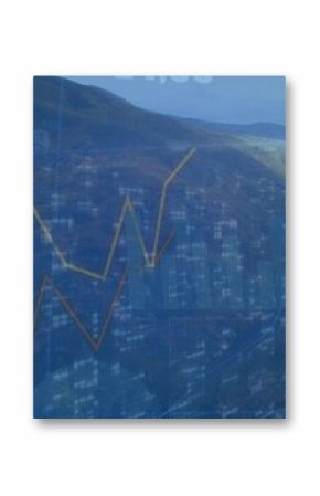 Displaying financial data overlay over green mountains, with line graphs, bar charts and metrics