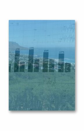 Displaying translucent bar chart overlay over coastal hillside, with grid lines and numeric labels