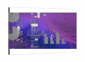 Displaying bar chart clusters line-graph overlays in dashboard over purple clouds, with data table