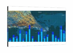 Rendering bar chart columns at software interface, with dotted world map and coastline overlay