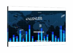 Displaying dotted world map view showing bar graphs, line charts on display, with floating labels