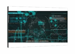 Displaying central node network on analytics dashboard, with teal hex patterns and bar charts
