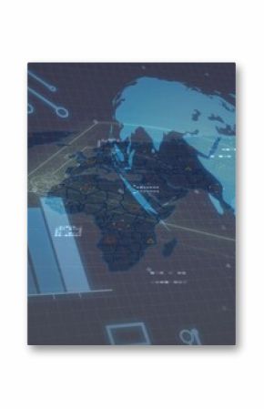 Presenting holographic globe on dark grid, with bar chart, data points, cells and warning icons
