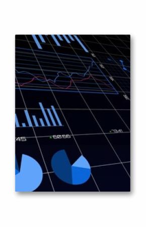 Displaying dashboard on 3D grid lines, with bar and pie charts, annotating line graphs, UI icons