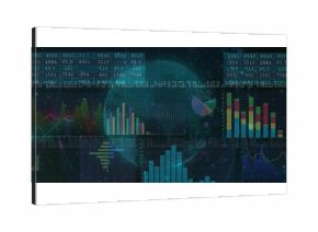 Displaying 3D globe streaming binary code in analytics dashboard, with bar and line graphs, tables