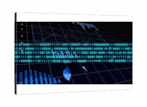 Displaying glowing binary band overlaying grid dashboard, with bar chart, pie chart and line graph