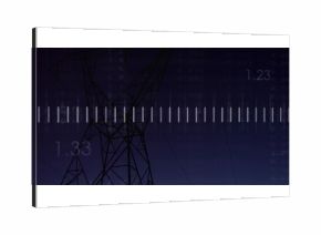 Showing lattice towers with power lines against rural dusk sky, equalizer bar and numeric overlays