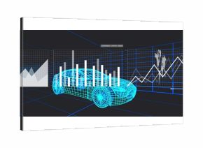 Displaying cyan wireframe car model on grid floor in data studio, with bar charts and timestamp