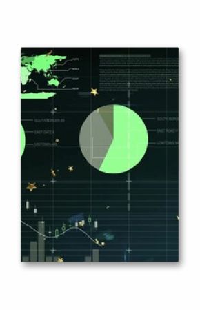 Displaying data dashboard on dark screen, with world map, pie charts, metrics and bar chart overlay