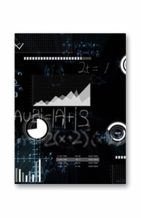 Floating dashboard displaying line graphs bar charts pie chart progress indicators and equations