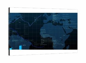 Displaying stylized blue grid world map with line graphs, bar charts and code snippets on dashboard