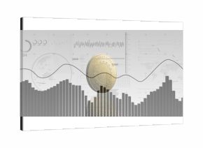 Displaying gold crypto coin standing in dashboard, with bar chart line graph world map overlay
