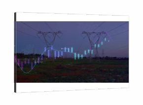 Displaying towers carrying power lines across field at dusk with colored bar charts and line graph
