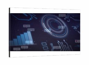 High-tech dashboard displaying data on grid with bar chart, numeric badges and HUD, copy space