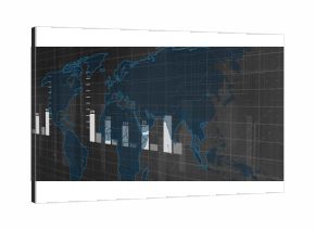 Displaying world map visualization on dashboard, featuring white and gray bar charts on dark grid