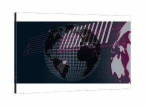 Presenting 3D wireframe globe with continents and grid overlay, featuring magenta-white bar charts